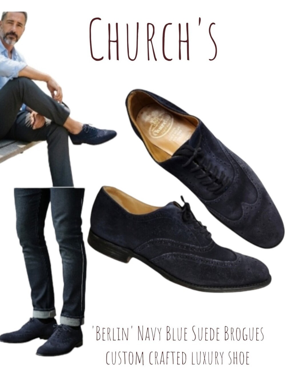 Church's Men's Berlin Navy Blue Suede leather Brogues Oxford dress shoes 60 G